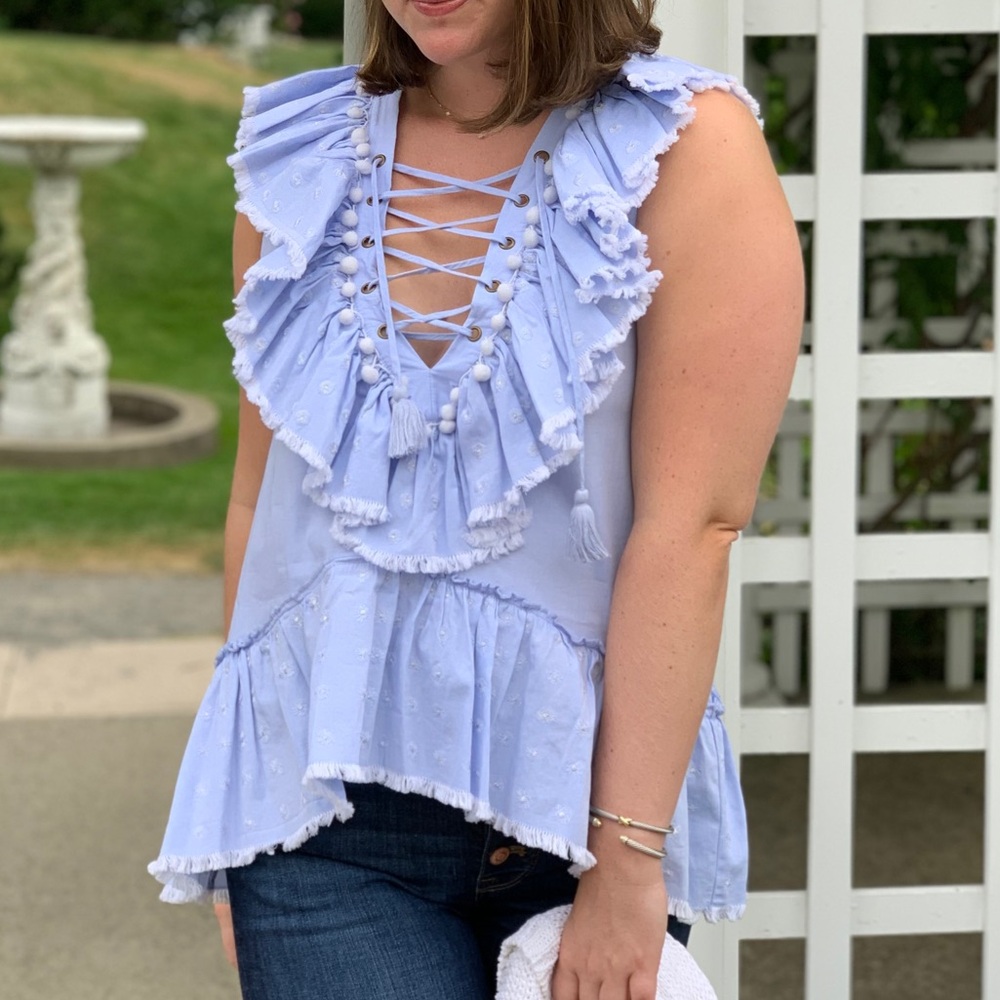 Misa Los Angeles Blue Embroidered Ruffle Top - Picture 5 of 5
